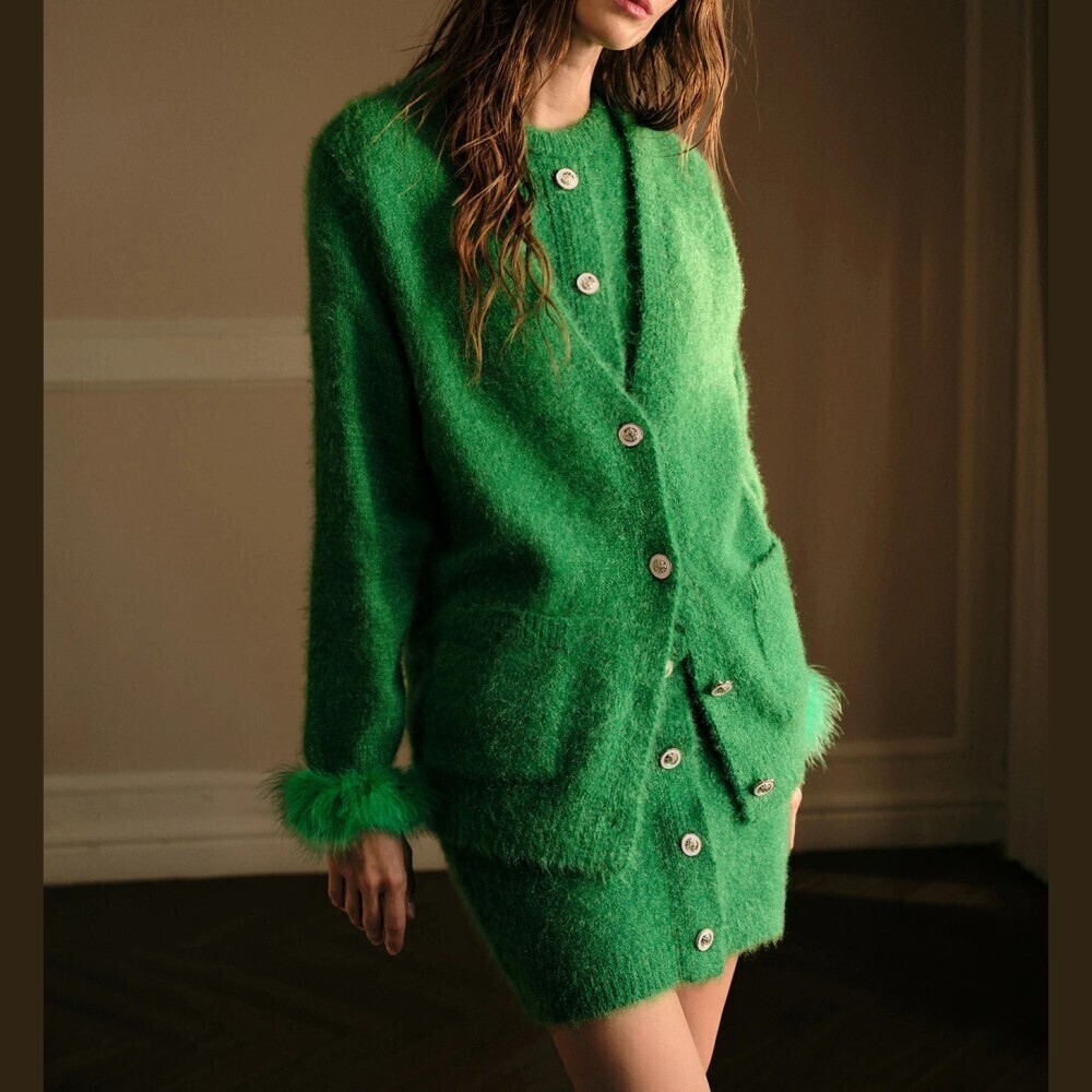 Green Fuzzy Knit Button Front Cardigan with Faux Fur Cuffs